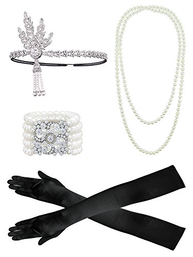 1920er Jahre Zubehör Set Flapper Kostüm, Frauen Feder Stirnband, Satin Handschuhe, Perlenkette, schwarze Zigarettenspitze