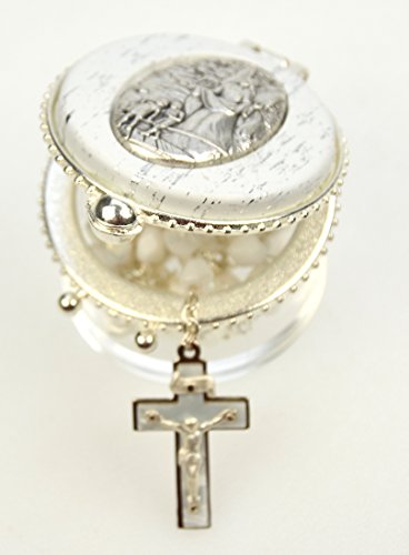 zur ersten heiligen Kommunion, zur Taufe, zur Hochzeit zarter Rosenkranz mit schimmernden weissen Perlen im runden Schutzengel Döschen