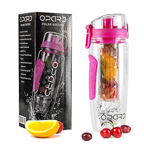 Opard Wasserflasche 1 Liter Fruit Infuser Sports Trinkflasche Water Bottle Tritan BPA-frei mit Kühlung Obst Flasche Kunststoff Schenken Kostenlose Obst Rezept (Pink)