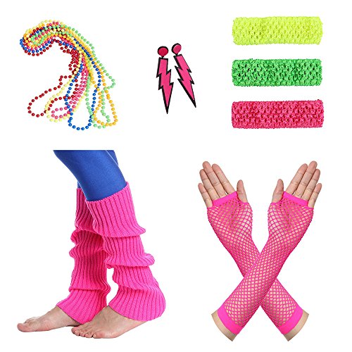 Amaza 80er Damen Neon Beinstulpen Halsketten Fischnetz Handschuhe Stirnband Ohrringe Verkleiden Kostüme (mehrfarbig)