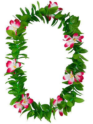 Green Leaf Leis Hawaiian Garland Pink Flowers Hula Hawaii Fancy Dress Necklace