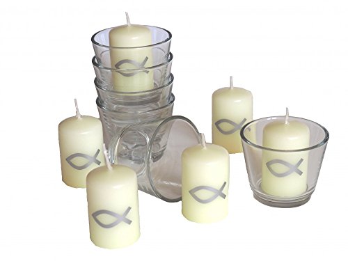 SET: 6x Votivglas 6x Kerzen Fisch Silber Kommunion Taufe Konfirmation Tischdeko Kerzendeko