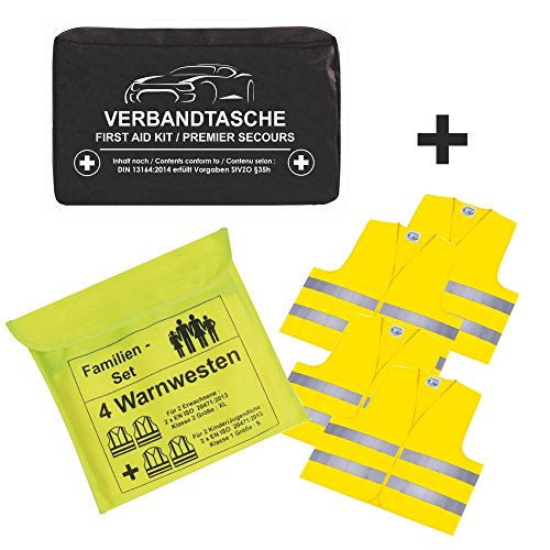 KFZ-Verbandtasche schwarz DIN13164:2014 + Warnweste-Set für Erwachsene und Kinder, Familienset