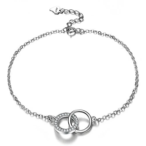 J.SHINE Fußkettchen Silber 925 Damen Doppel Ring Süße Romantik Fußkette verstellbares 21+3cm für Shorts Kleid Bikini Geschenkbox