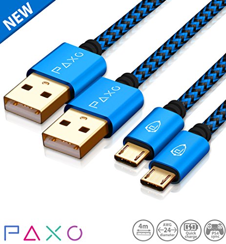 2 x 4m Nylon PS4 Ladekabel für Playstation 4 Controller, Zwei blau-schwarze Micro USB Kabel mit Stoffmantel & Aluminium Steckern