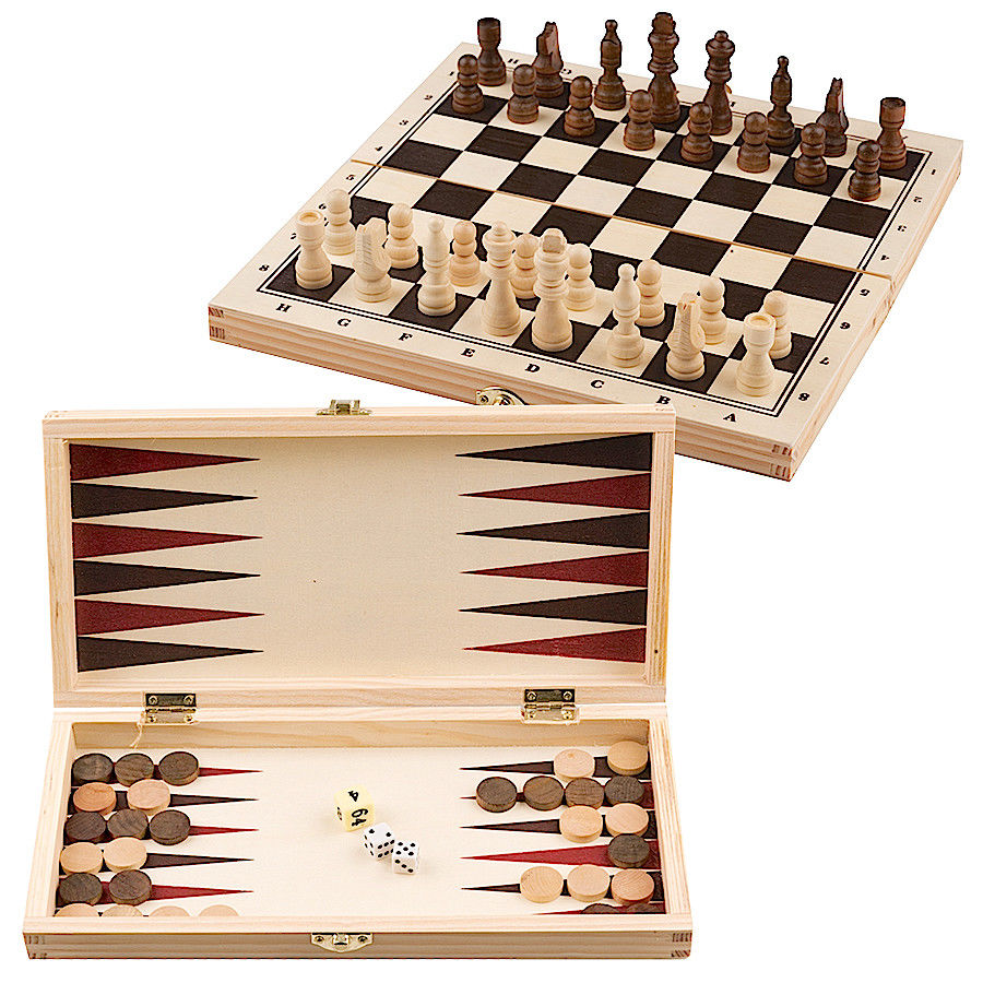 3-in-1 Spielset Schach Backgammon Dame mit Spielfiguren Würfel Spielbrett Holz