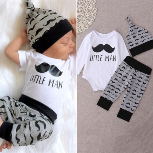 3tlg Neugeborenes Baby Langarm Strampler Top+ Lang Hose + Beanie Hut Outfits Set