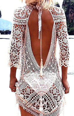 Häkel Sommerkleid in weiß rückenfrei Strandkleid im Boho Hippie Ibiza Style