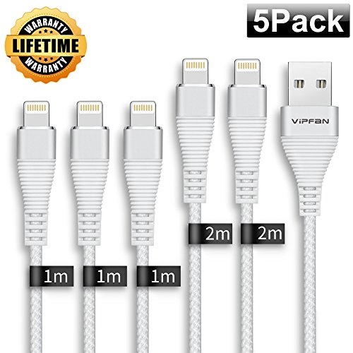 VIPFAN iPhone Ladekabel, Lightning auf USB Kabel - 5 Ladekabel im Paket, 3x1m 2x2m, geeignet für iPhonex 8 Plus/7 Plus/6 Plus/5/Air Pro/SE/iPod/iPad Mini (Weiß)