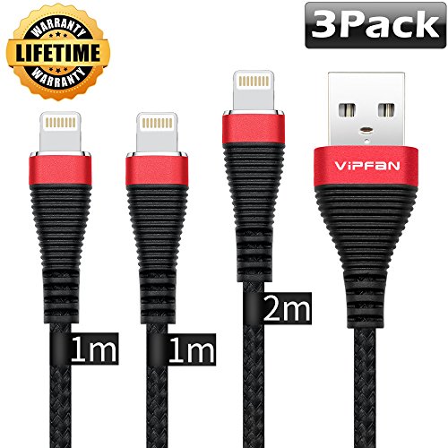 iPhone Ladekabel, Vipfan Lightning auf USB Kabel – 3 Ladekabel im Paket , 2x1 m + 1x2 m, geeignet für iPhonex 8 Plus / 7 Plus/ 6 Plus / 5/ Air Pro / SE / iPod/ iPad Mini (Schwarz)