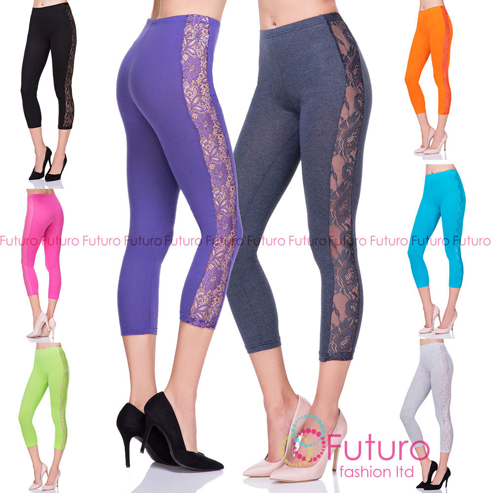 Cropped 3/4 Length Soft Cotton Leggings with Lace Womens Active Pants LPL34