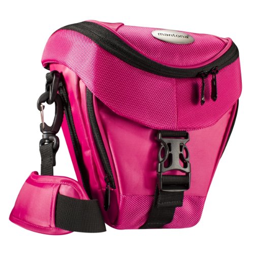 Mantona Colt Kameratasche (Universaltasche inkl. Schnellzugriff, Staubschutz, Tragegurt und Zubehörfach, geeignet für DSLR- und Systemkameras) pink