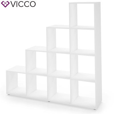 VICCO Treppenregal 10 Fächer Weiß - Raumteiler Stufenregal Bücherregal Treppe