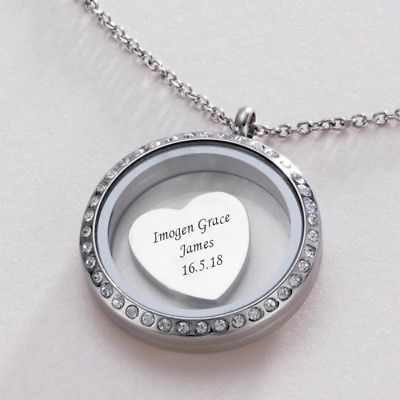 Ladies Glass Locket Necklace with Free Engraving on Heart or Round Charm