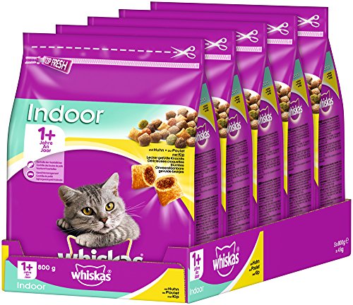 Whiskas Katzen-/Trockenfutter Adult 1+ für Erwachsene Katzen Indoor mit Huhn, 5 Beutel (5 x 800 g)